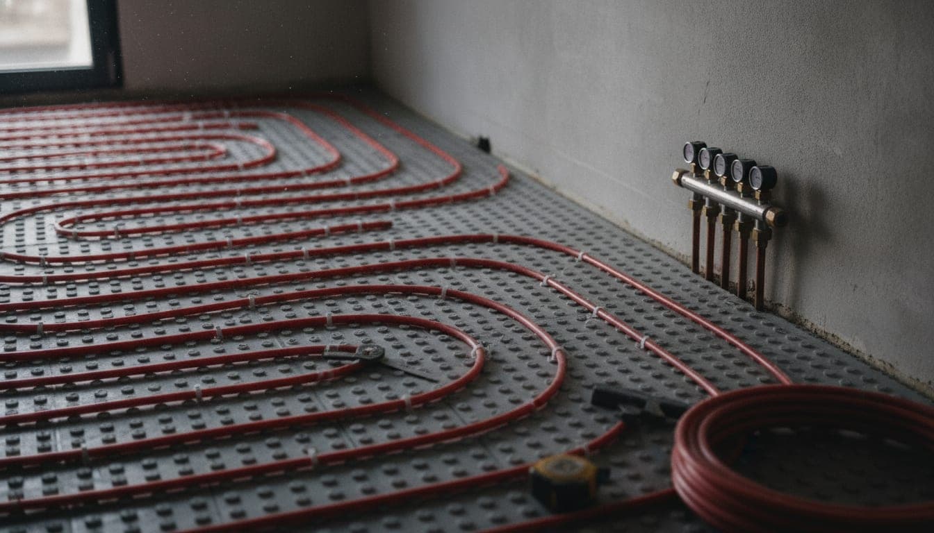Circuito de suelo radiante con tubería sobre panel aislante y colector de distribución antes del vertido del mortero
