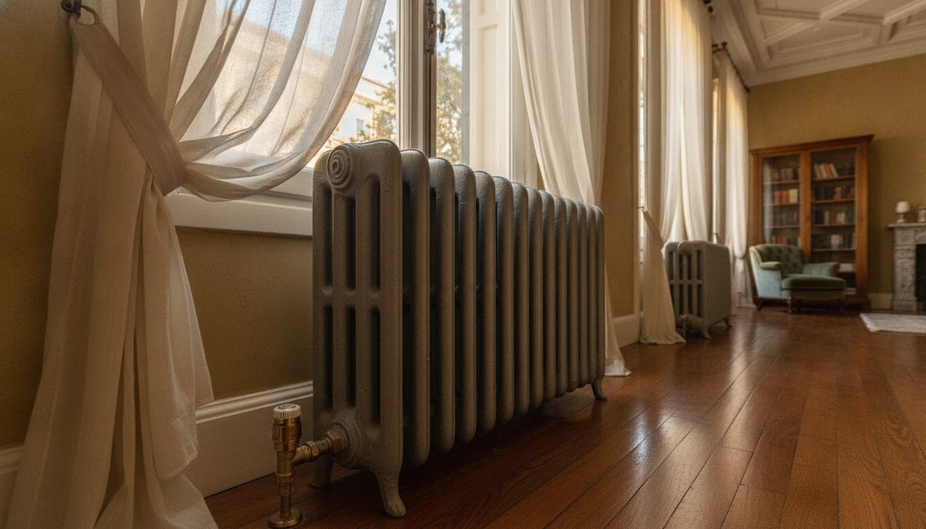 Radiador de hierro fundido existente en una vivienda antigua de Madrid, típico de las instalaciones que se reaprovechan al cambiar a aerotermia
