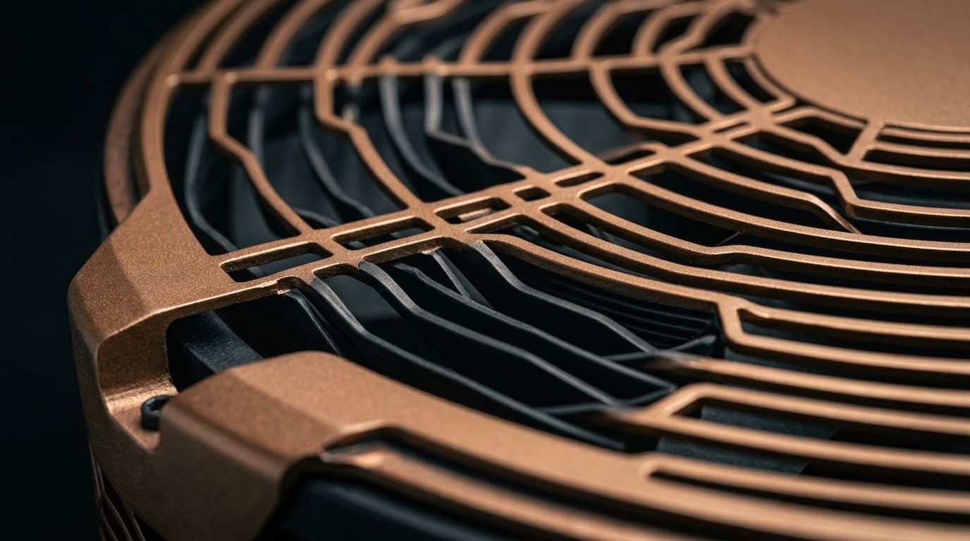 Detalle del ventilador de la unidad exterior de un equipo de aerotermia