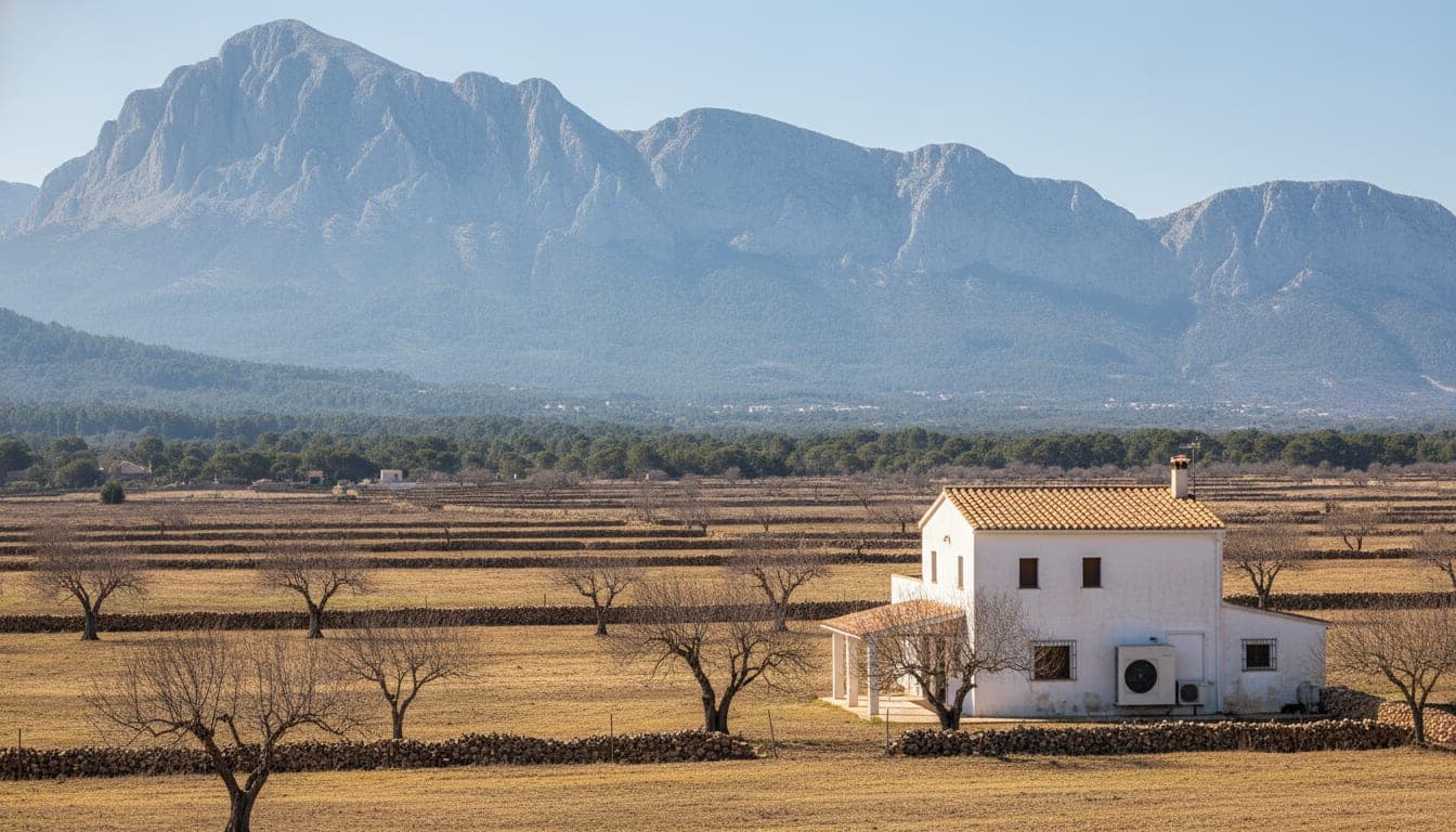 Llano costero de Mallorca con una vivienda encalada y su unidad exterior de aerotermia, y al fondo las cumbres calizas de la Serra de Tramuntana