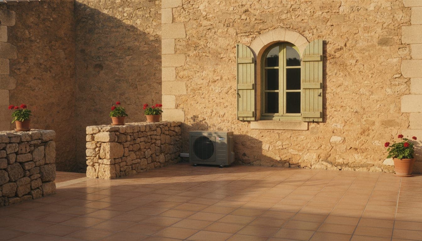 Unidad exterior de aerotermia integrada en la terraza trasera de una casa de piedra de marés, parcialmente oculta tras un pretil bajo