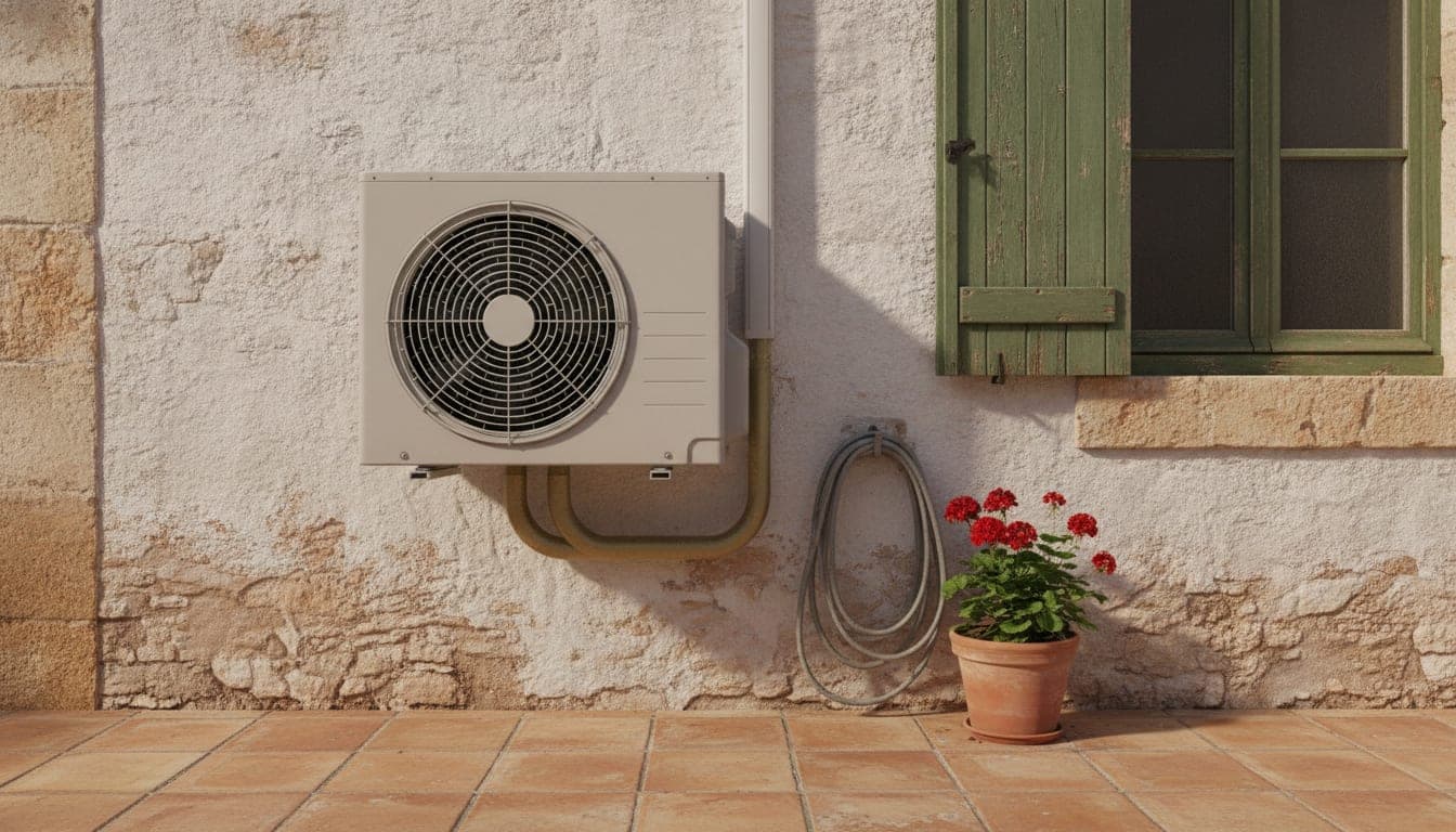 Unidad exterior de aerotermia instalada contra el muro encalado de una casa mallorquina, con la rejilla del ventilador y las tuberías aisladas a la vista