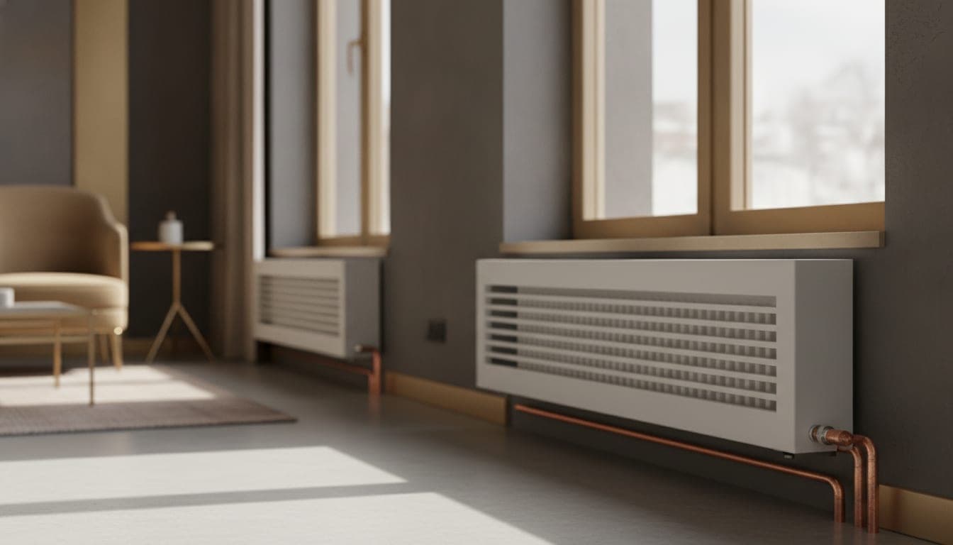 Radiador de baja temperatura con rejilla de convección instalado bajo una ventana en una vivienda reformada