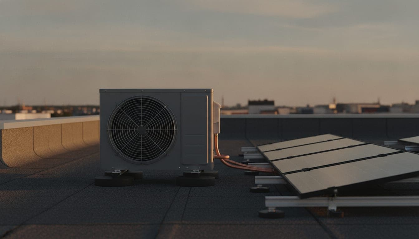 Unidad exterior de aerotermia junto a una hilera de paneles fotovoltaicos en la cubierta plana de una vivienda, con la luz baja del atardecer