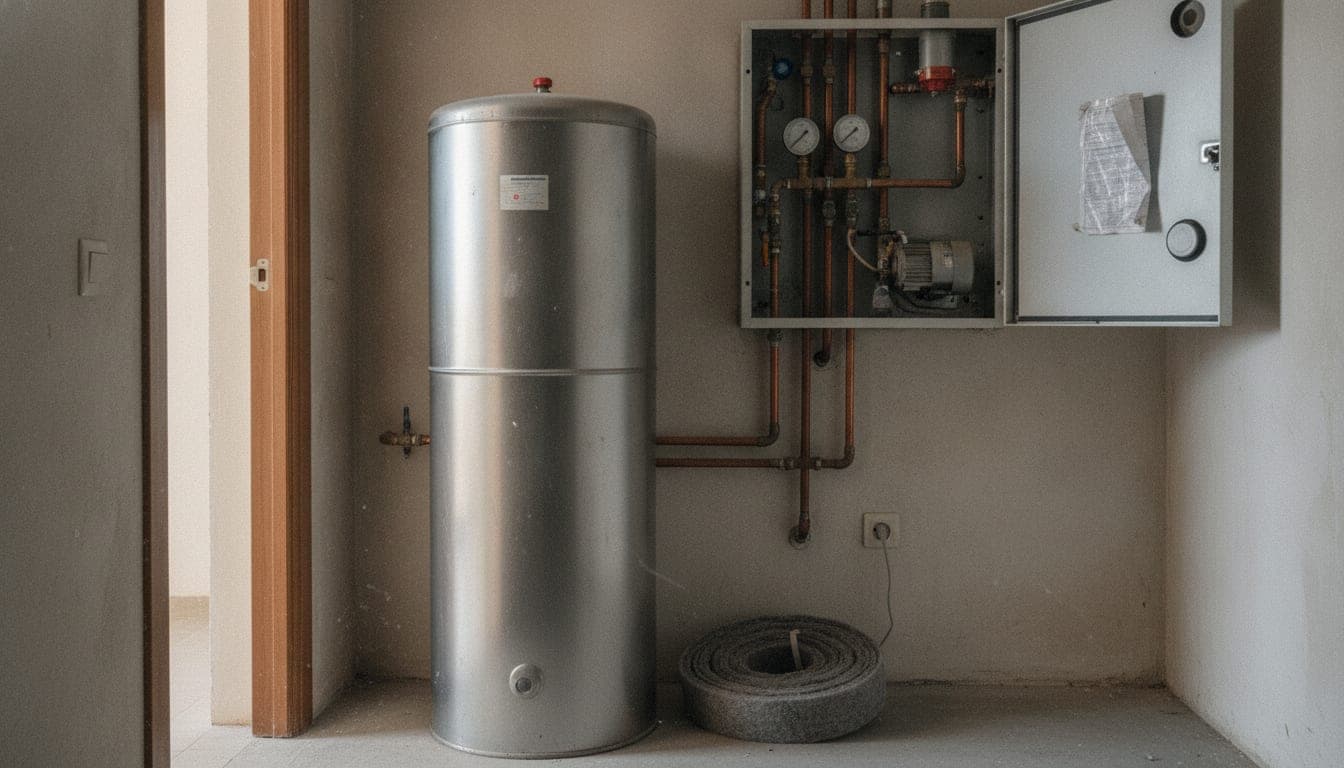 Unidad interior de aerotermia y depósito de agua caliente sanitaria instalados en el cuarto técnico de una vivienda de Zaragoza