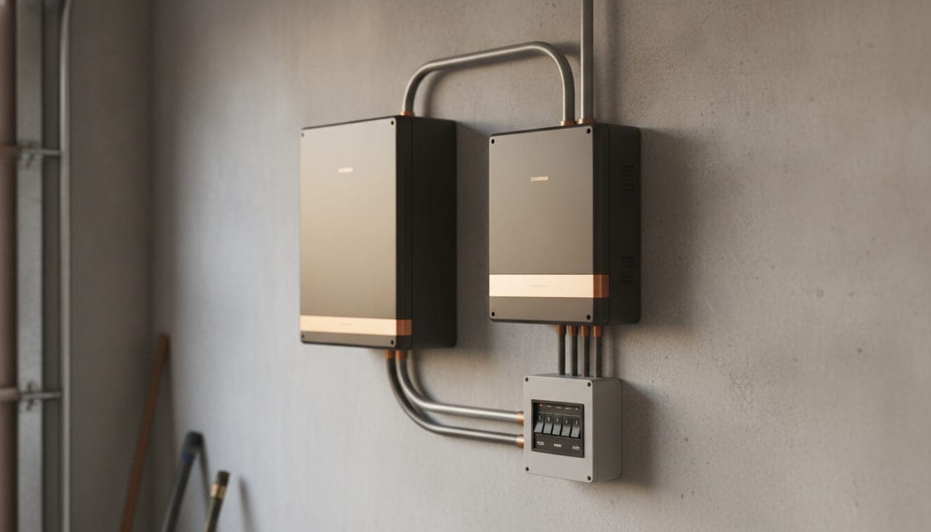 Batería doméstica de litio instalada en la pared de un garaje junto al inversor híbrido y el cableado hacia el cuadro eléctrico