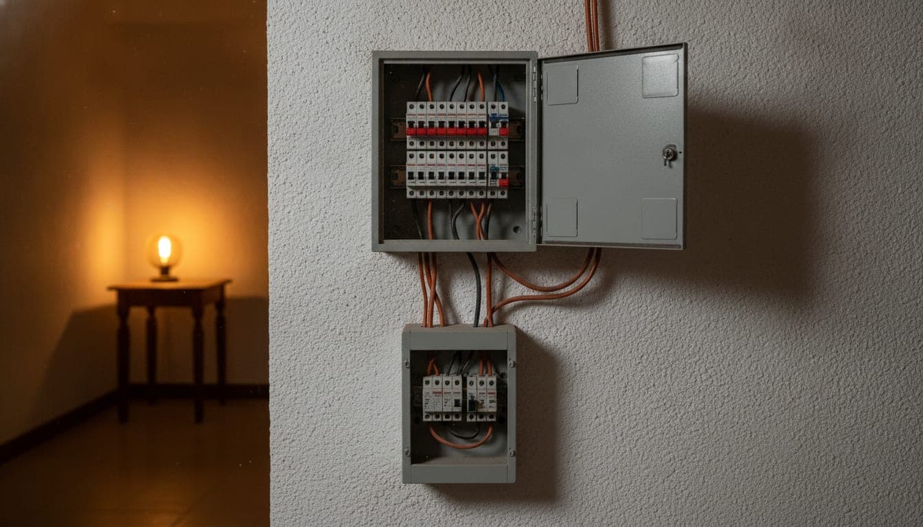 Cuadro eléctrico con subcuadro de cargas esenciales durante un corte de luz, con una lámpara aún encendida al fondo