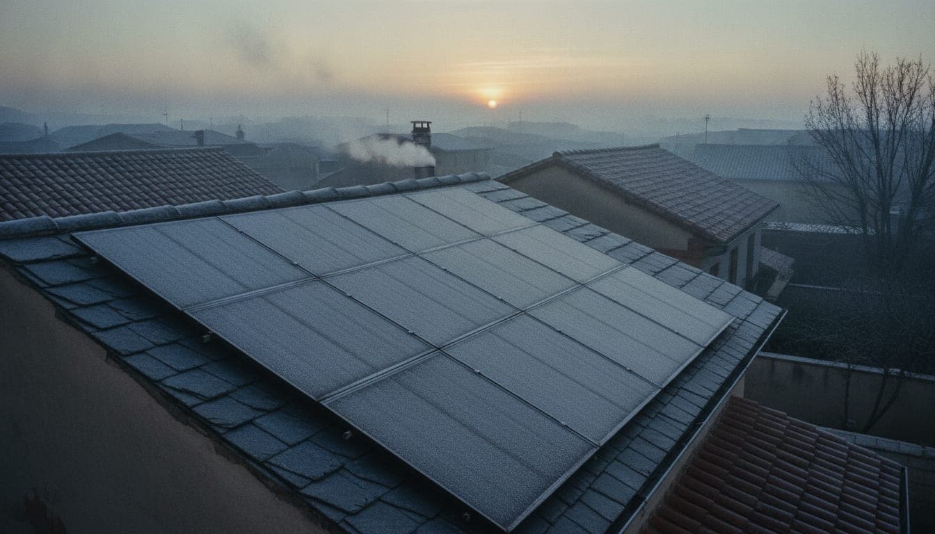 Amanecer de enero sobre una cubierta con paneles cubiertos de escarcha y el sol aún rasante, con vapor saliendo de un conducto: la calefacción funcionando cuando apenas hay producción