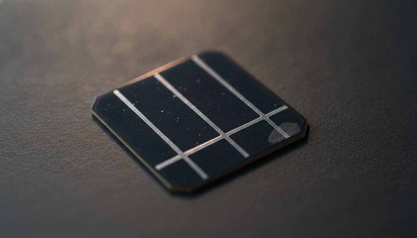 Primer plano de una célula de silicio monocristalino con su superficie azul oscuro antirreflectante y la retícula de finas líneas plateadas y buses conductores