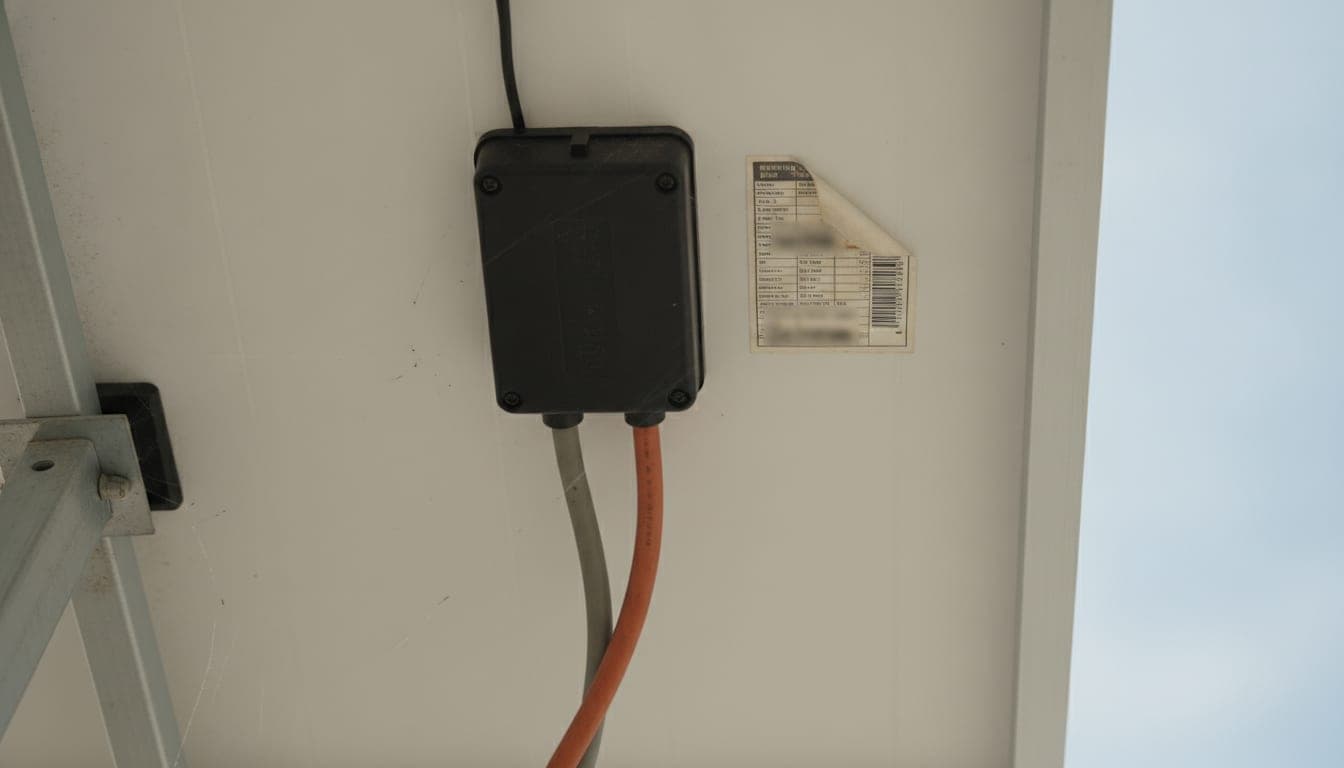 Parte trasera de un panel fotovoltaico instalado, con la caja de conexiones y la etiqueta de características técnicas pegada junto a ella