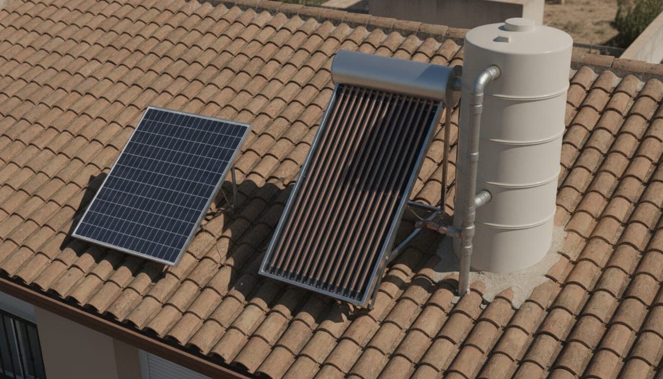 Cubierta de teja con un panel fotovoltaico a la izquierda y un captador solar térmico con su depósito acumulador a la derecha, mostrando que son dos tecnologías distintas
