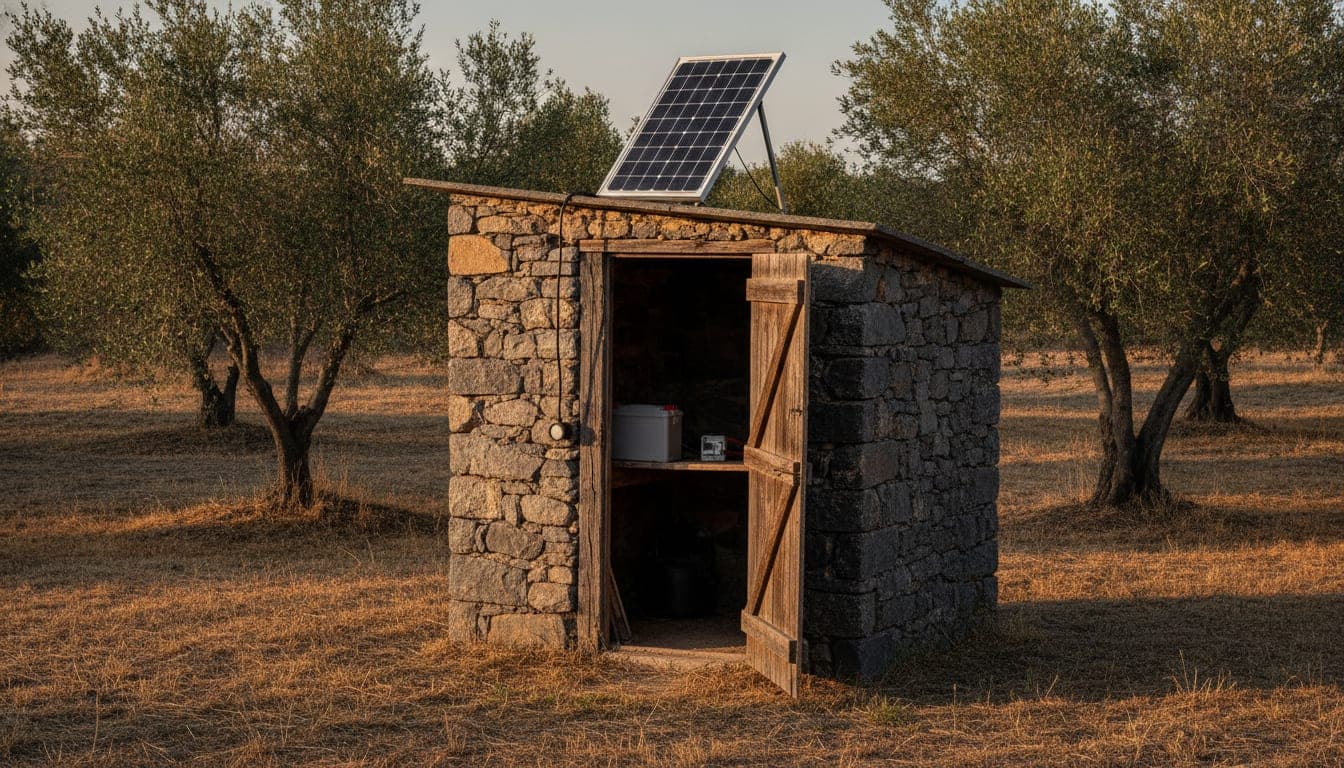 Caseta de piedra aislada entre olivos con un único panel solar sobre el tejado y una batería visible en el interior, sin ninguna conexión a la red eléctrica