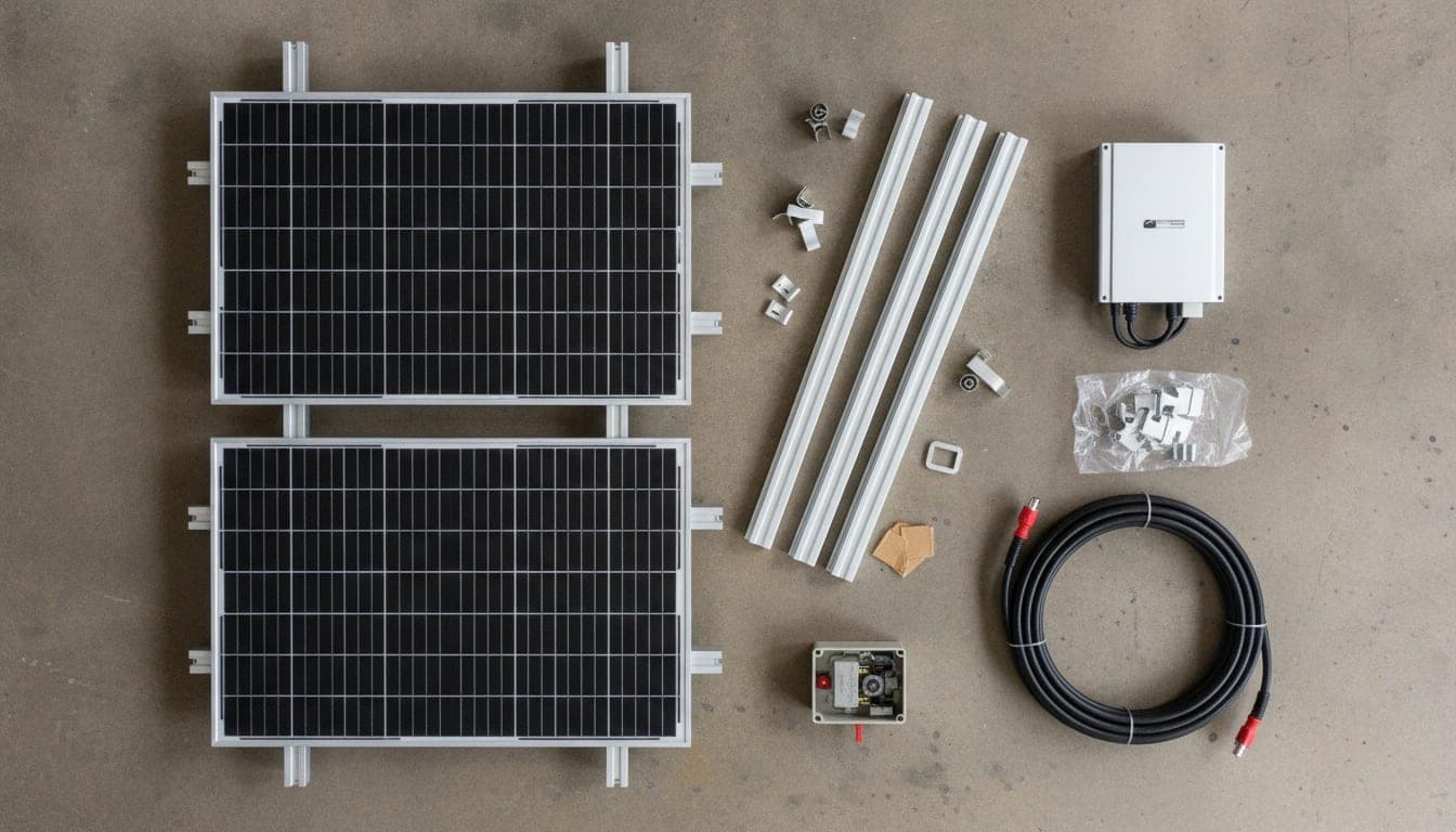 Contenido completo de un kit solar de autoinstalación extendido en el suelo: dos paneles fotovoltaicos, inversor, raíles y abrazaderas de montaje, seccionador de continua y cable solar con conectores MC4