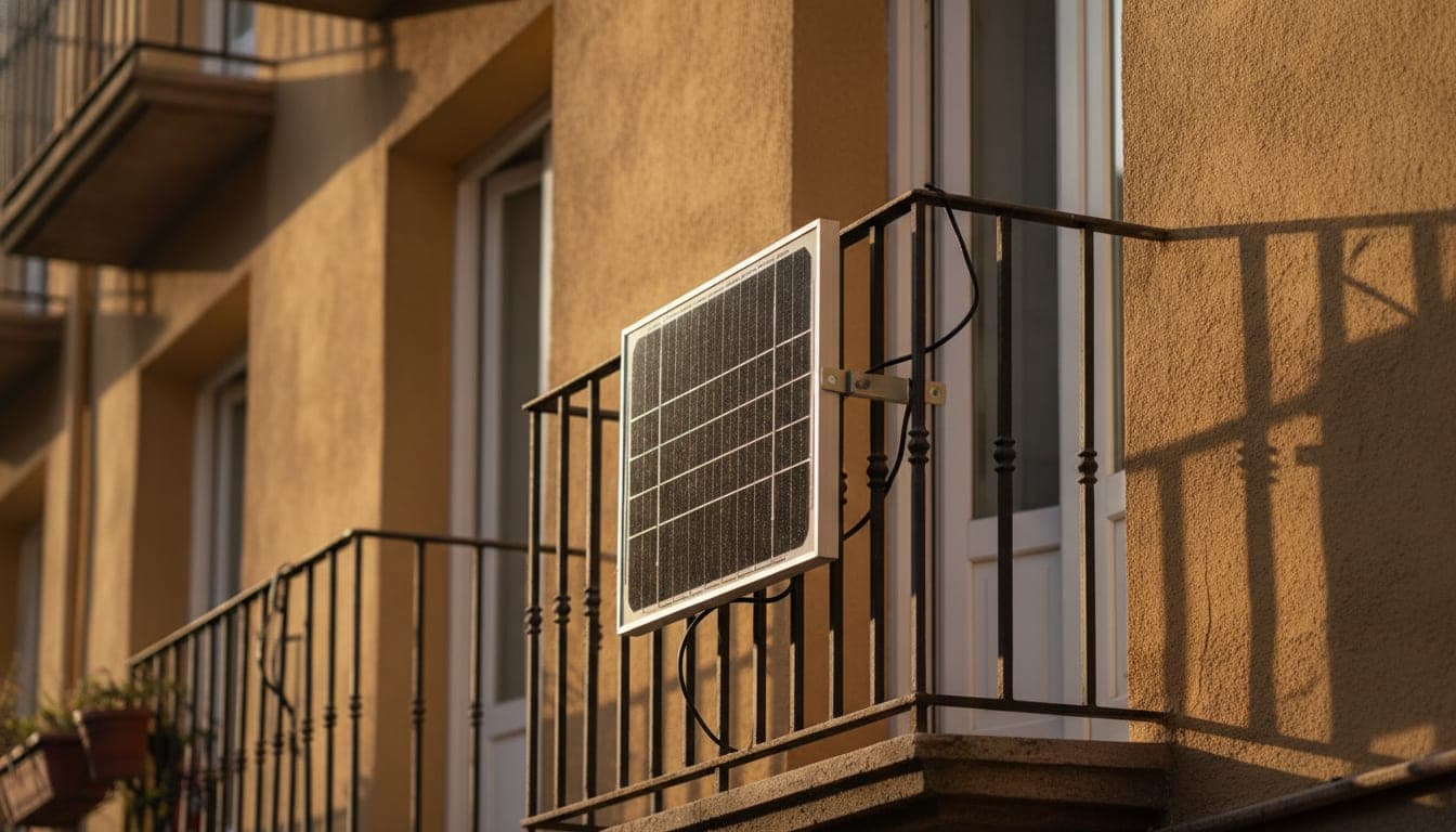 Panel fotovoltaico pequeño sujeto con abrazaderas a la barandilla de hierro del balcón de un edificio de viviendas, con el cable entrando por la ventana