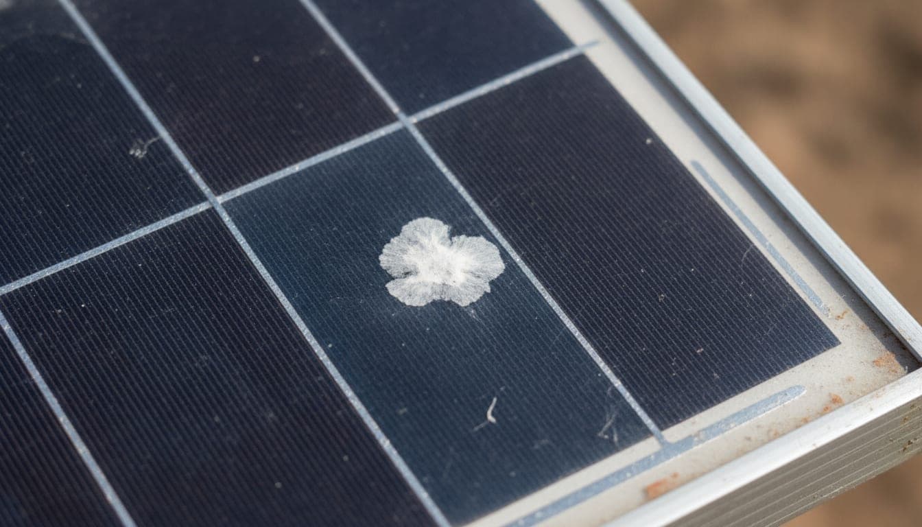 Excremento de ave seco tapando por completo parte de una célula de un panel solar, con las células de alrededor limpias y reflectantes