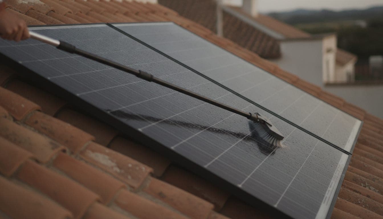 Limpieza de un panel solar en cubierta con una pértiga telescópica de cepillo blando manejada desde abajo, sin subirse al tejado