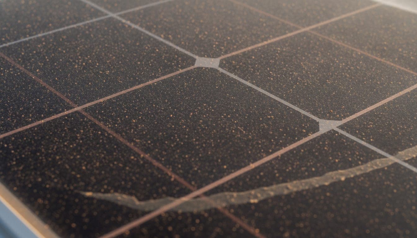 Primer plano a contraluz de la superficie de un panel solar con una capa fina y uniforme de polvo y polen sobre el vidrio, con la retícula de células visible debajo
