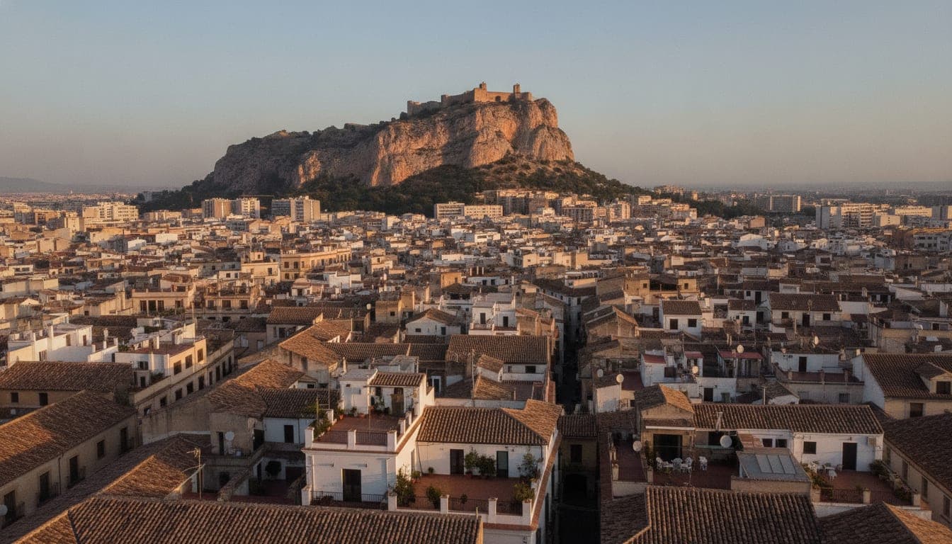 Tejados del casco antiguo de Alicante con el monte Benacantil y el castillo de Santa Bárbara al fondo, ámbito donde la protección patrimonial condiciona las instalaciones visibles