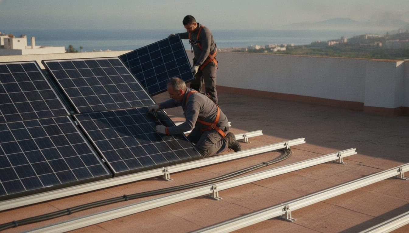 Dos instaladores fijan paneles fotovoltaicos sobre los raíles de aluminio de una cubierta plana en Alicante, con el mar al fondo