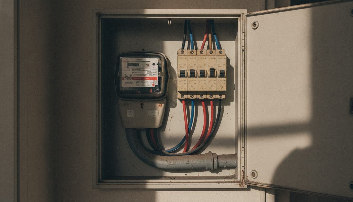 Armario del contador eléctrico de una vivienda, con el equipo de medida y los magnetotérmicos, que es el punto donde la distribuidora registra la energía consumida y la vertida a la red