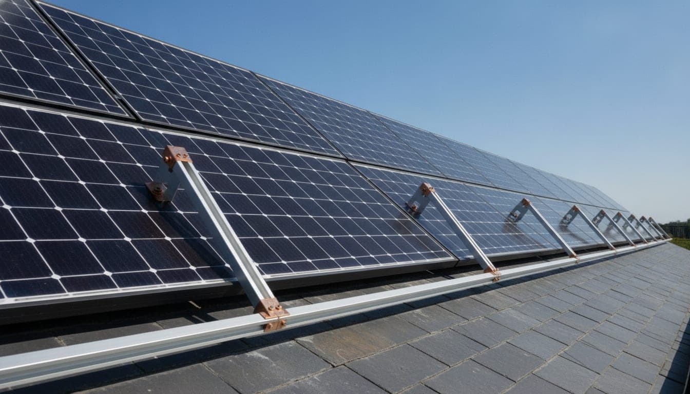 Vista en perfil de una instalación solar en cubierta donde se ven los raíles y los soportes triangulares que fijan la inclinación de los paneles