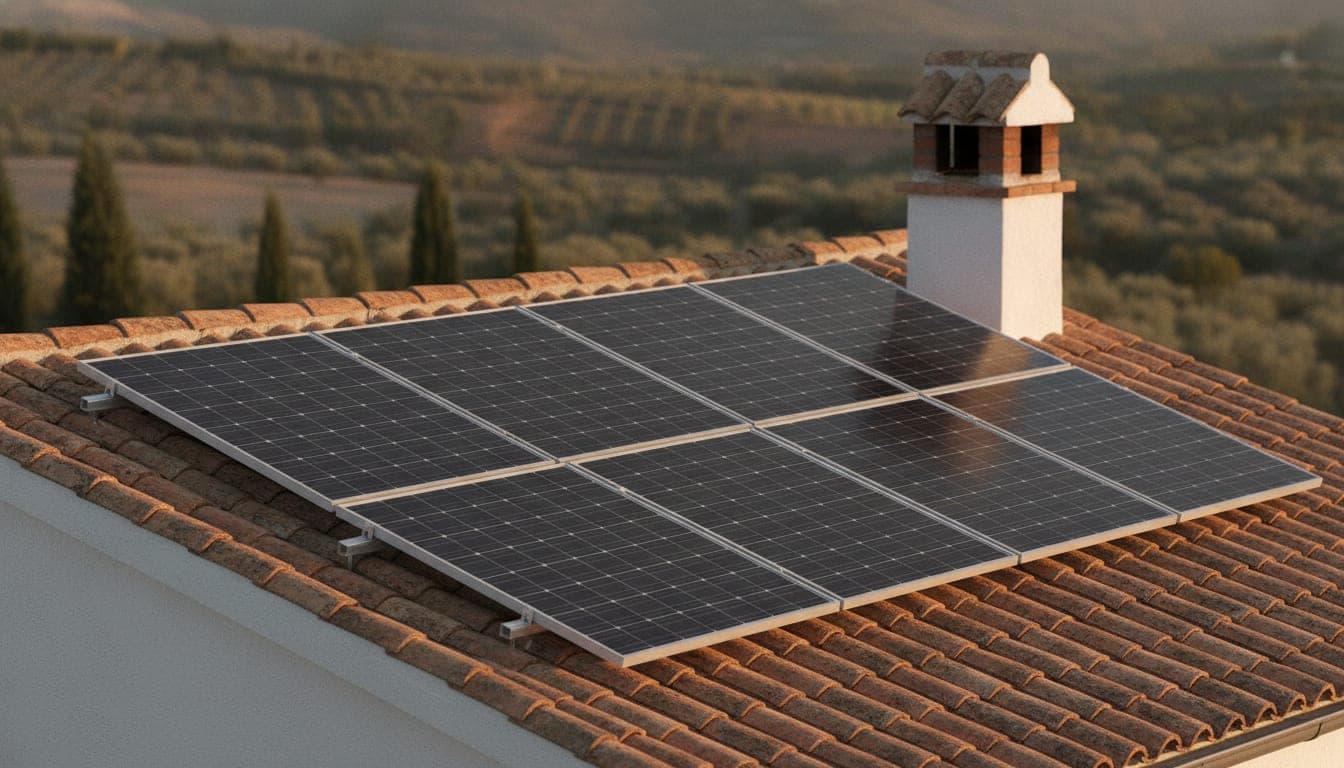 Instalación fotovoltaica residencial sobre cubierta de teja en una vivienda española, con los paneles montados en raíles de aluminio e inclinados hacia el sur