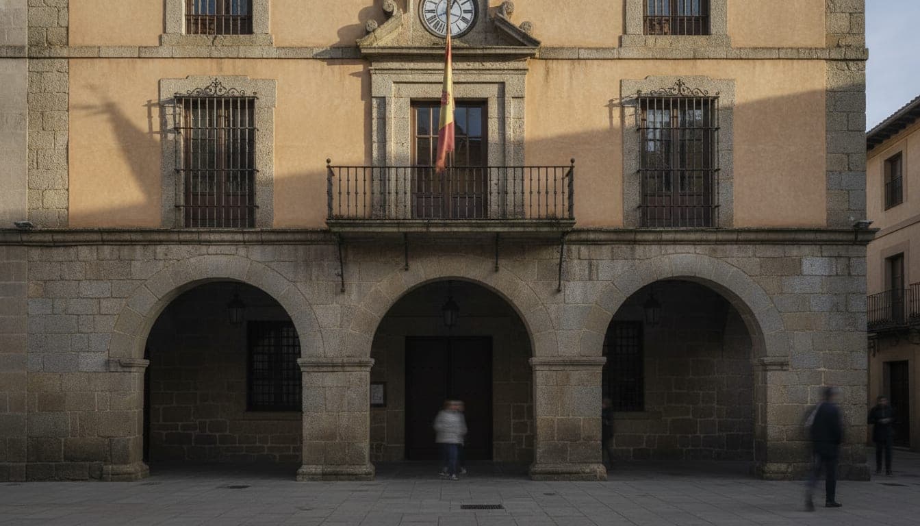 Fachada de un ayuntamiento español con soportales de piedra, balcón con bandera y reloj sobre la entrada, con vecinos entrando al edificio