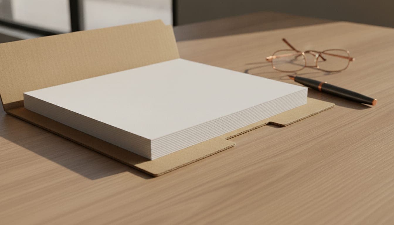 Documentación técnica apilada sobre una mesa de madera junto a un bolígrafo y unas gafas, con una carpeta sellada