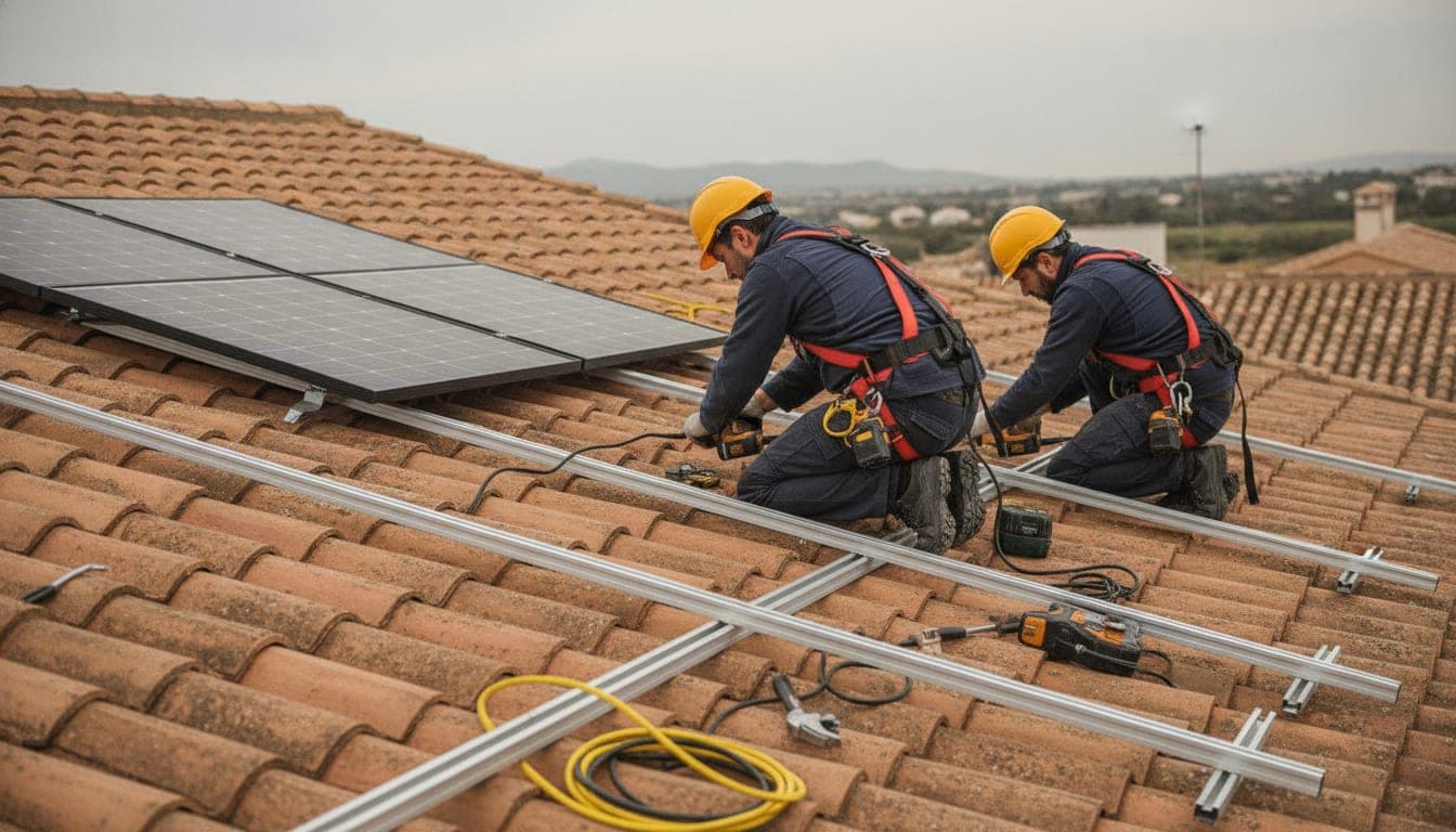 Dos instaladores con arnés y casco fijando raíles de aluminio sobre un tejado de teja española, con paneles solares apilados a un lado esperando a ser montados