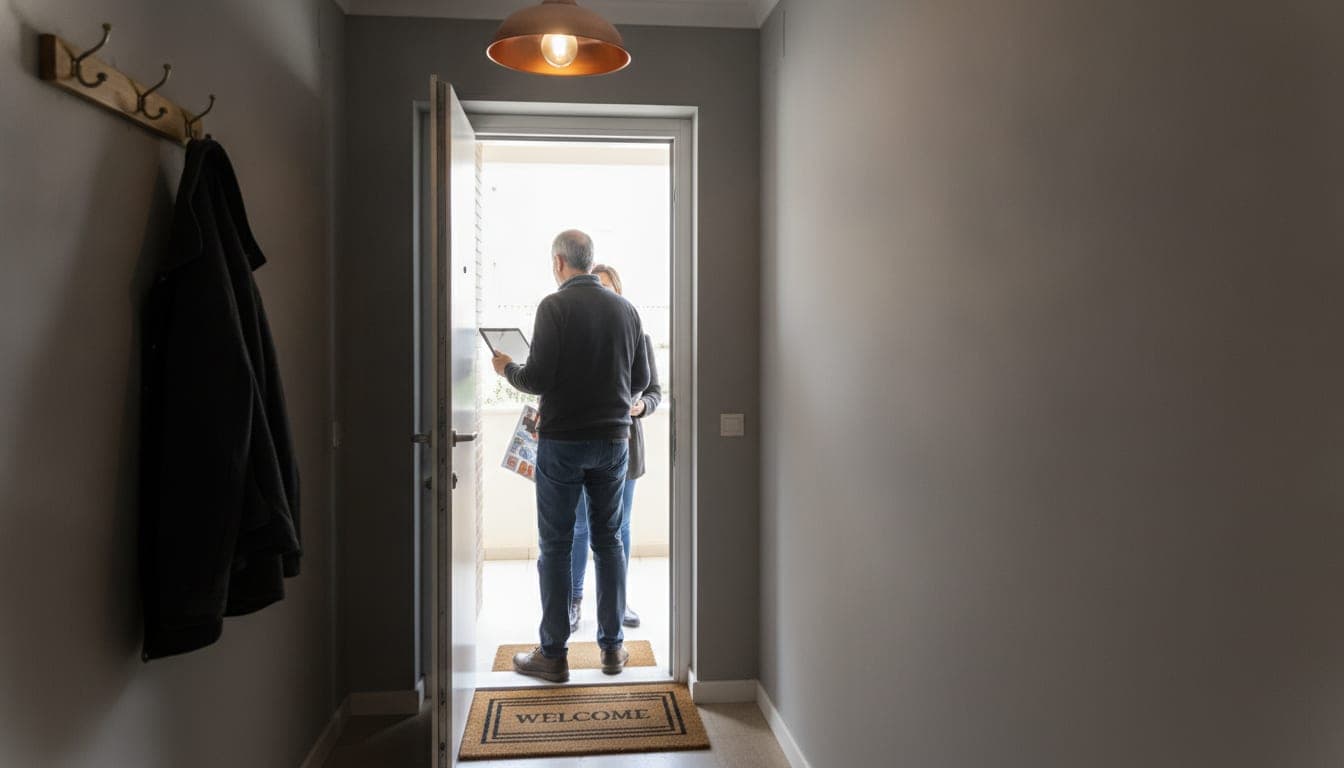 Vista desde el recibidor de una vivienda: una persona atiende en la puerta entreabierta a un comercial que sostiene una tableta y un dosier impreso.