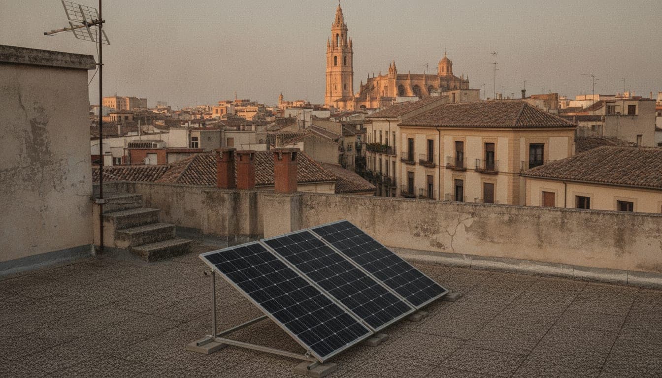 Paneles solares lastrados sobre la azotea de un edificio de Murcia, con los tejados del centro y la torre de la Catedral al fondo, el entorno donde el trámite municipal decide la vía