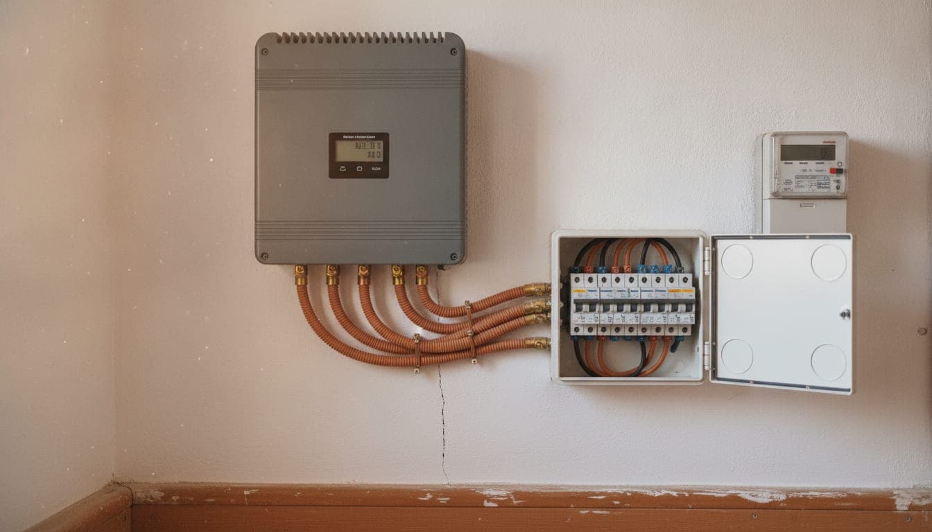 Inversor fotovoltaico doméstico montado en la pared, con los tubos corrugados que bajan al cuadro de protecciones y el contador bidireccional al lado