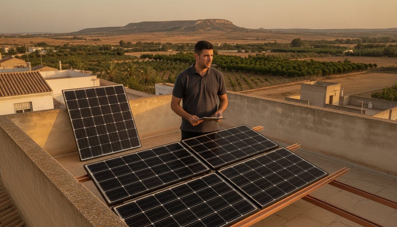 Instalador con el presupuesto en la mano junto a paneles fotovoltaicos a medio montar sobre la azotea de una vivienda de Murcia, con la huerta y una loma caliza al fondo