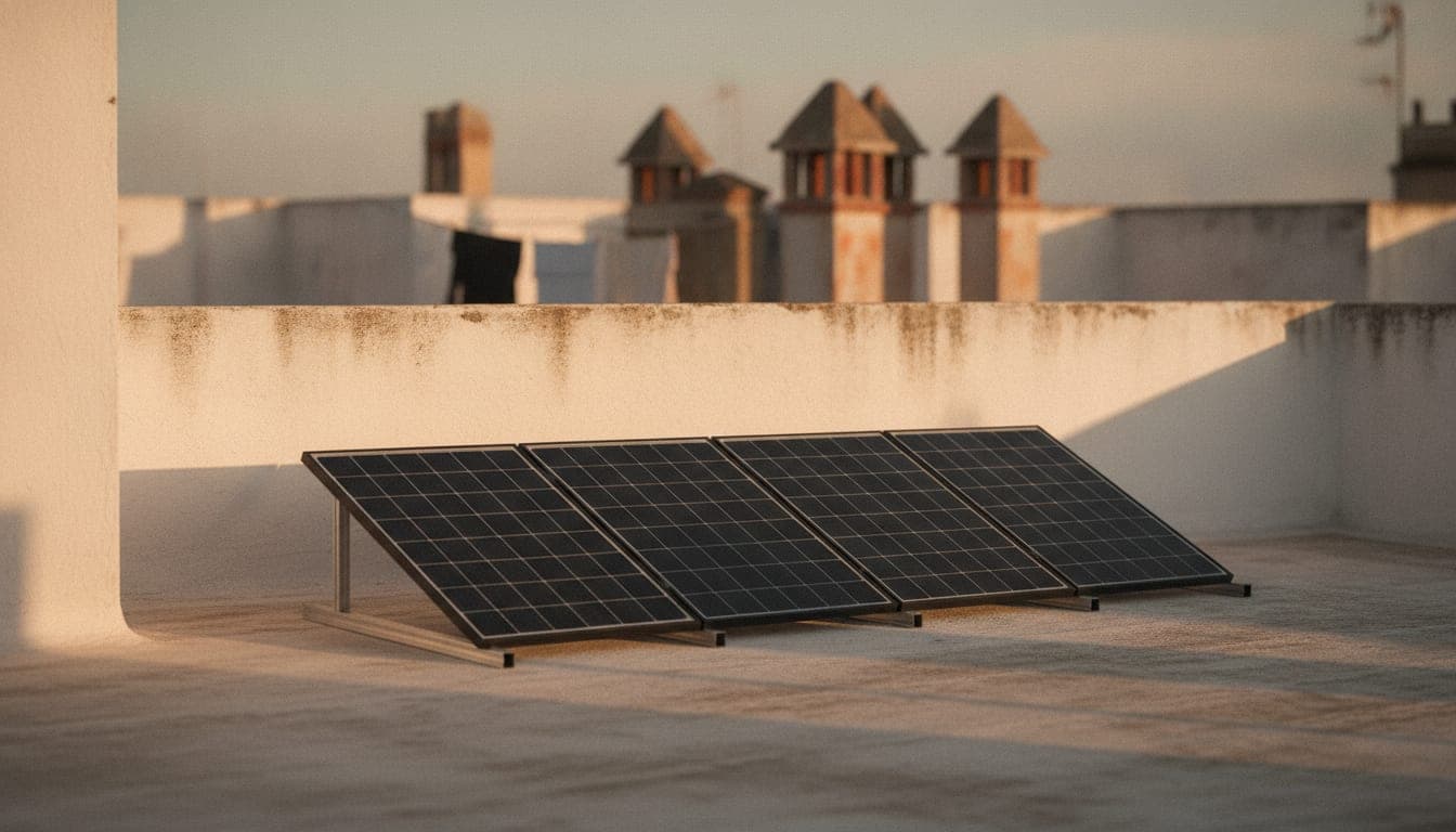 Azotea encalada de un edificio de viviendas de Sevilla con cuatro paneles solares sobre estructura de aluminio, con chimeneas de ladrillo y un tendedero al fondo