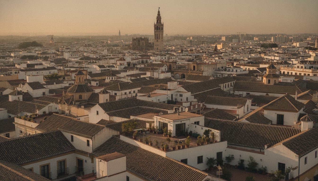 Vista elevada de los tejados de teja árabe del casco histórico de Sevilla, con la Giralda y la catedral al fondo, sin ninguna placa solar visible en las cubiertas protegidas