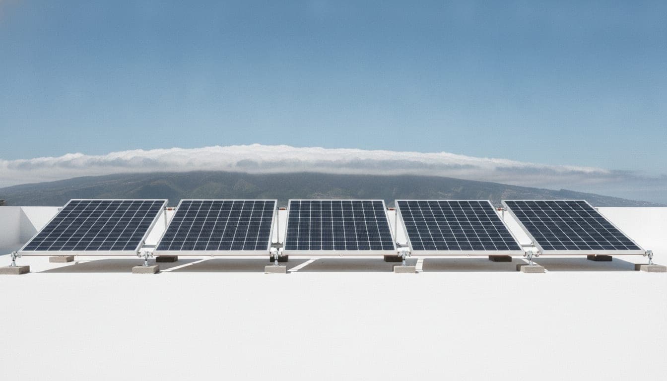 Fila de paneles fotovoltaicos sobre una cubierta plana de Santa Cruz de Tenerife a pleno sol, con la cresta de la vertiente norte de la isla tapada por una banda de nubes al fondo