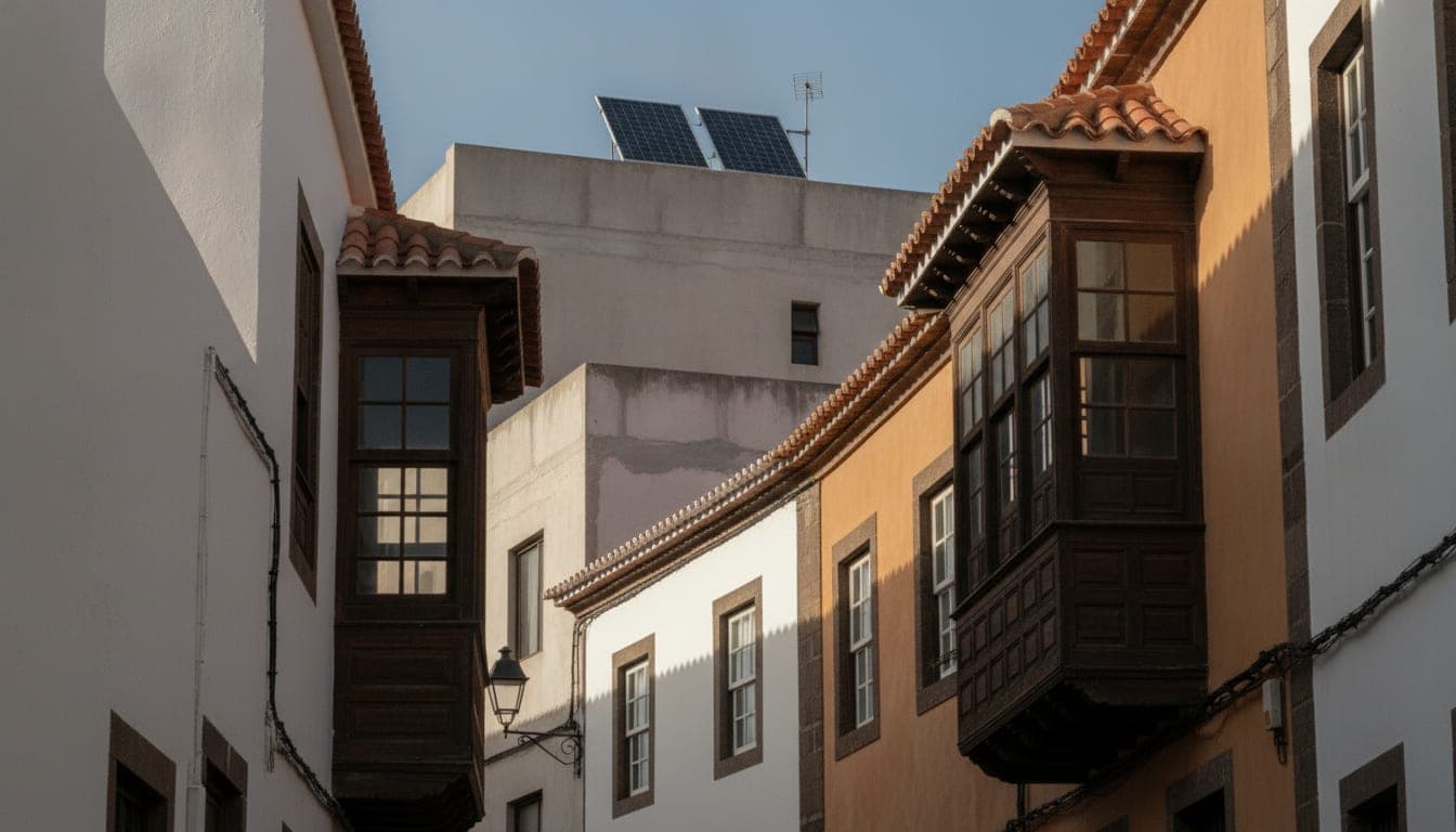 Calle del casco histórico de San Cristóbal de La Laguna con balcones canarios de madera y tejados de teja, y dos paneles solares asomando sobre el peto de un edificio posterior