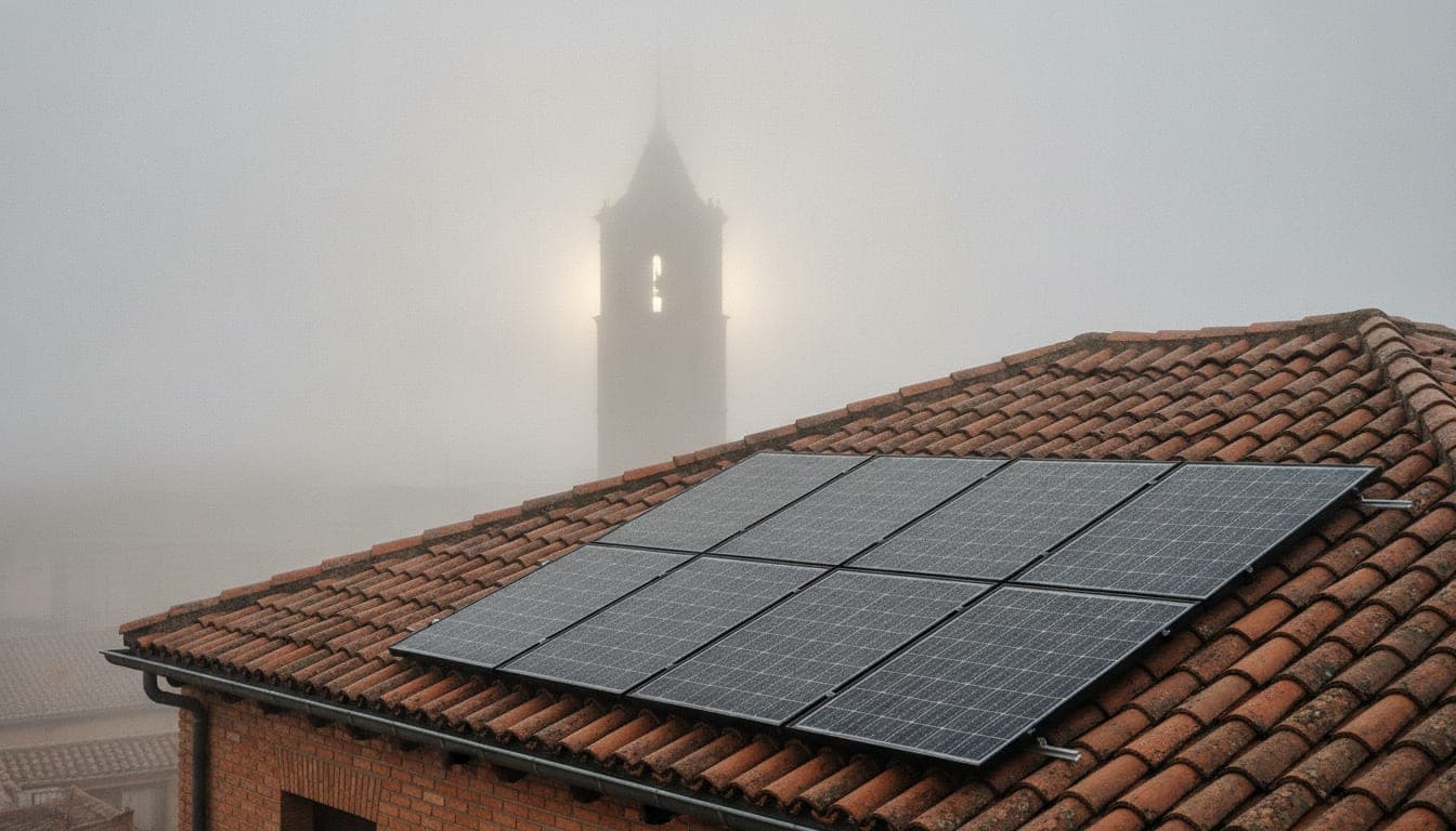 Ocho paneles solares con marco negro sobre un tejado de teja de una casa de ladrillo en Valladolid, cubiertos por la niebla espesa de una mañana de invierno, con la torre de una iglesia apenas visible entre la bruma y un tenue resplandor del sol intentando abrirse paso
