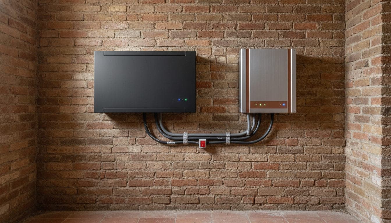 Batería doméstica e inversor híbrido montados en la pared de ladrillo del cuarto de instalaciones de una vivienda, con el cableado y el seccionador a la vista