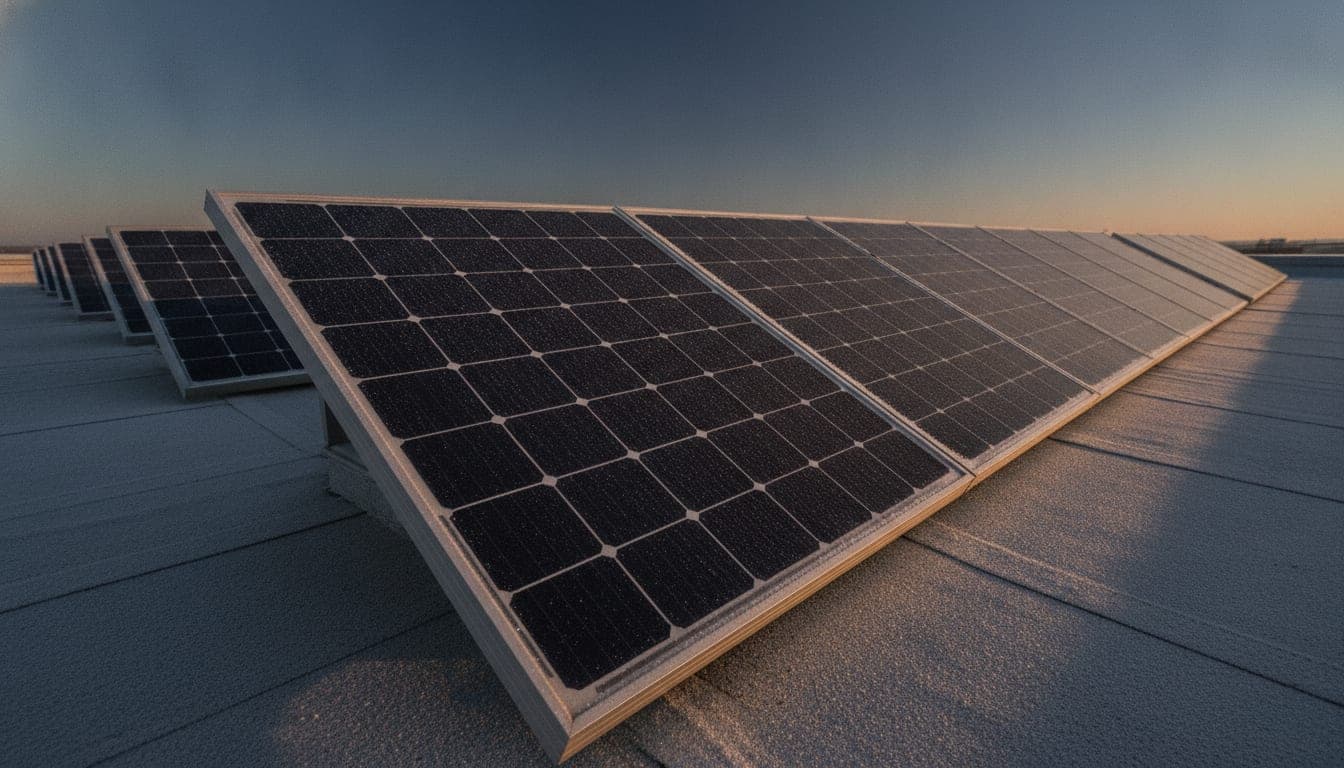 Hilera de módulos fotovoltaicos inclinados sobre una cubierta plana de Zaragoza con escarcha en los marcos y luz rasante de una mañana de invierno