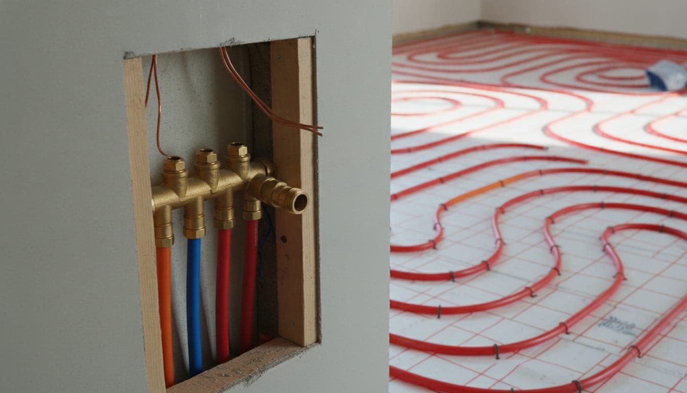 Colector de suelo radiante con válvulas y circuitos de tubería sobre el panel aislante durante la instalación