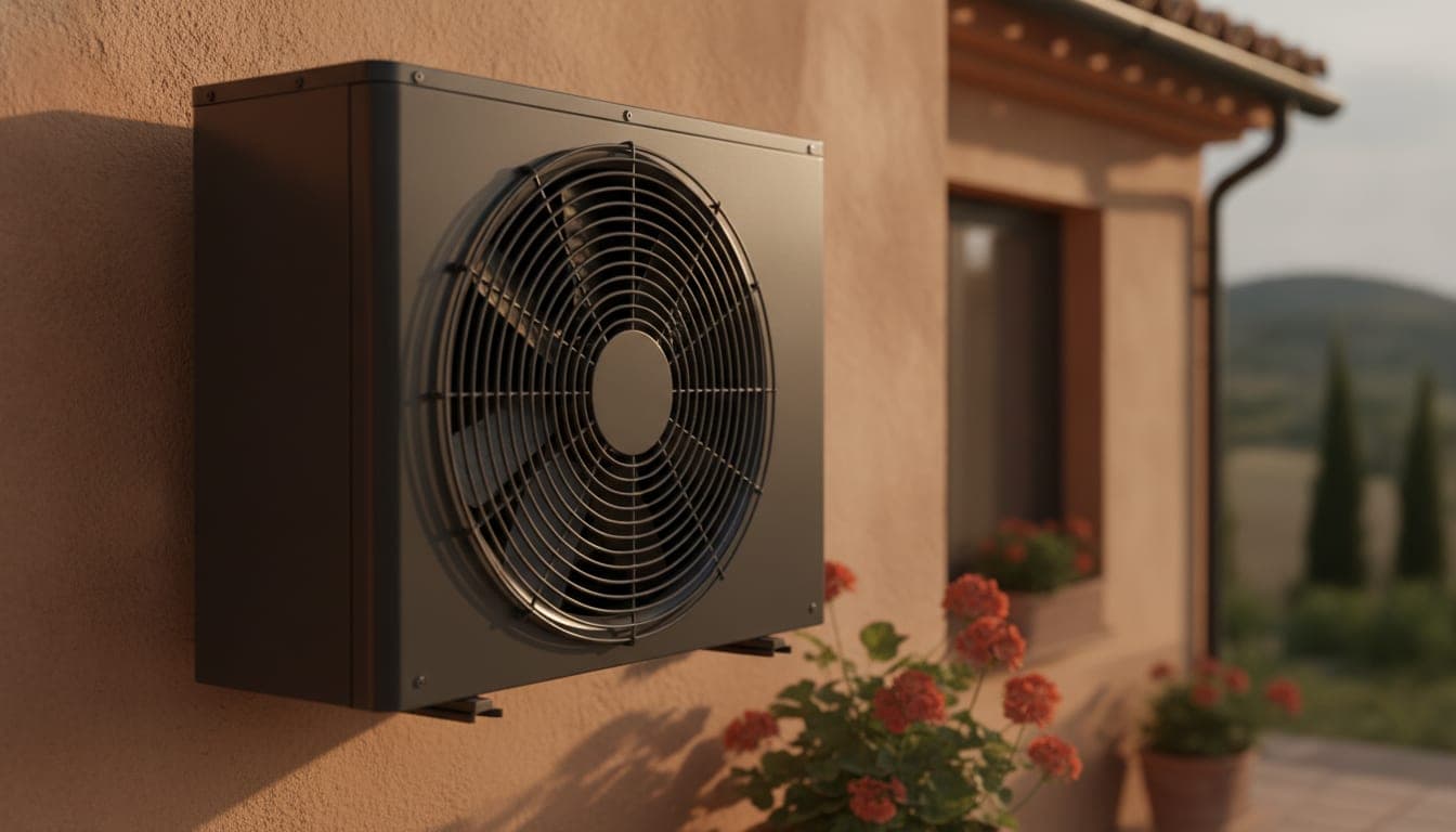 Unidad exterior de aerotermia con la rejilla del ventilador visible, instalada en la fachada de una vivienda española