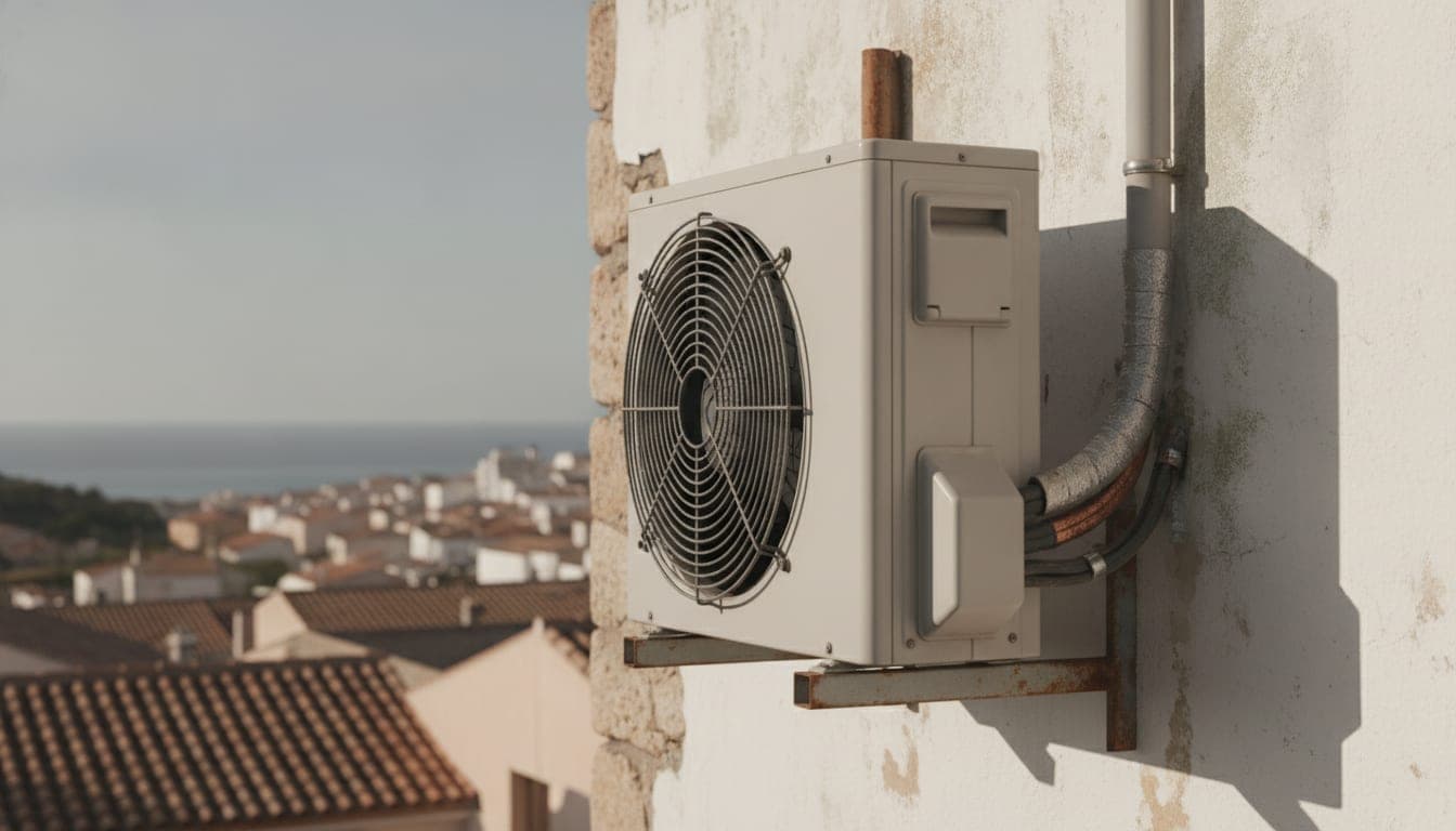 Unidad exterior de aerotermia instalada en la pared encalada de una vivienda mediterránea, con tejados de teja y el mar al fondo.