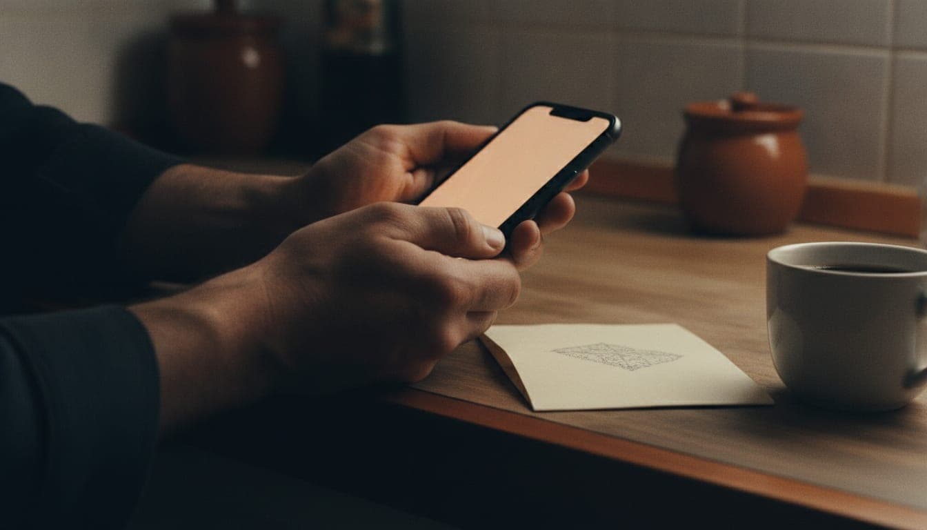 Manos sosteniendo un teléfono móvil sobre la encimera de una cocina, junto a un documento impreso y una taza de café.