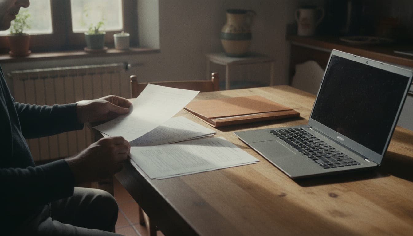 Una persona revisa documentación administrativa impresa sobre la mesa de una cocina, junto a un portátil, con un radiador al fondo.
