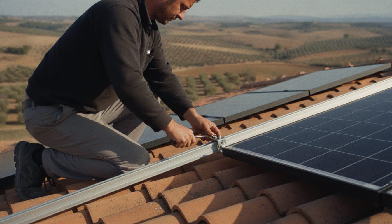 Un instalador ajusta con una llave la fijación de un panel fotovoltaico sobre la cubierta de teja de una vivienda unifamiliar, con campos de olivos al fondo.