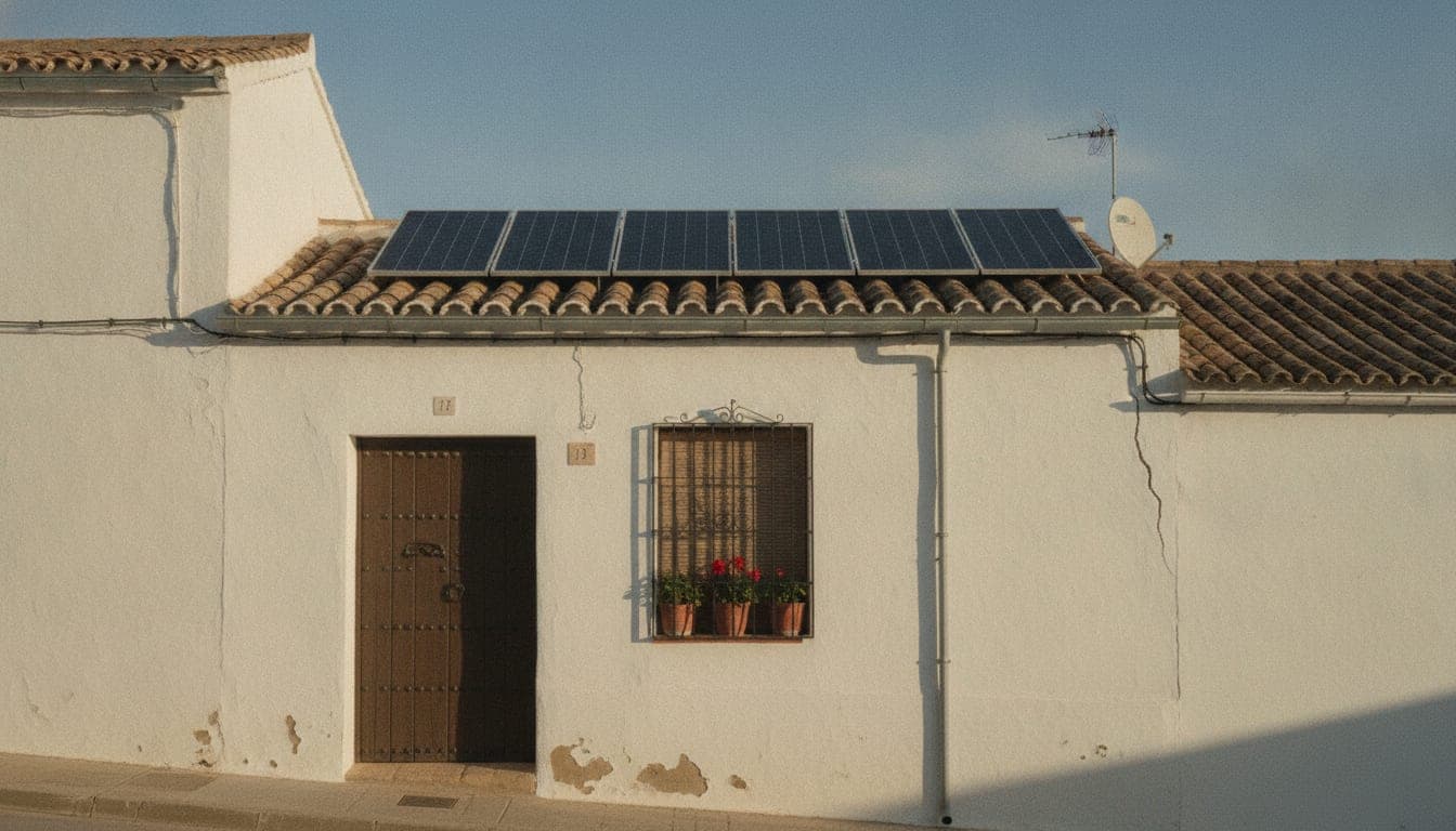 Fachada encalada de una vivienda tradicional andaluza, con puerta de clavos y reja, y una hilera de placas solares sobre la teja árabe del alero