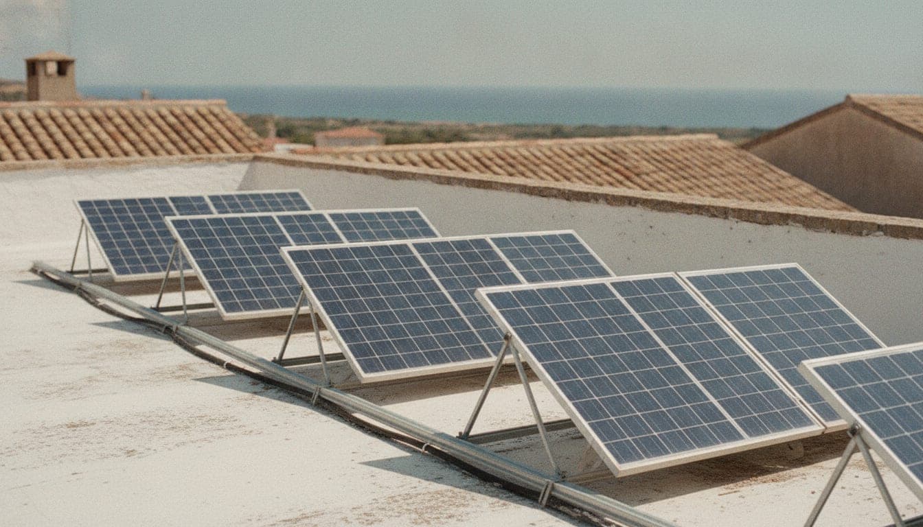Placas solares montadas sobre estructuras triangulares en la azotea plana de una vivienda mediterránea, con tejados y mar al fondo.