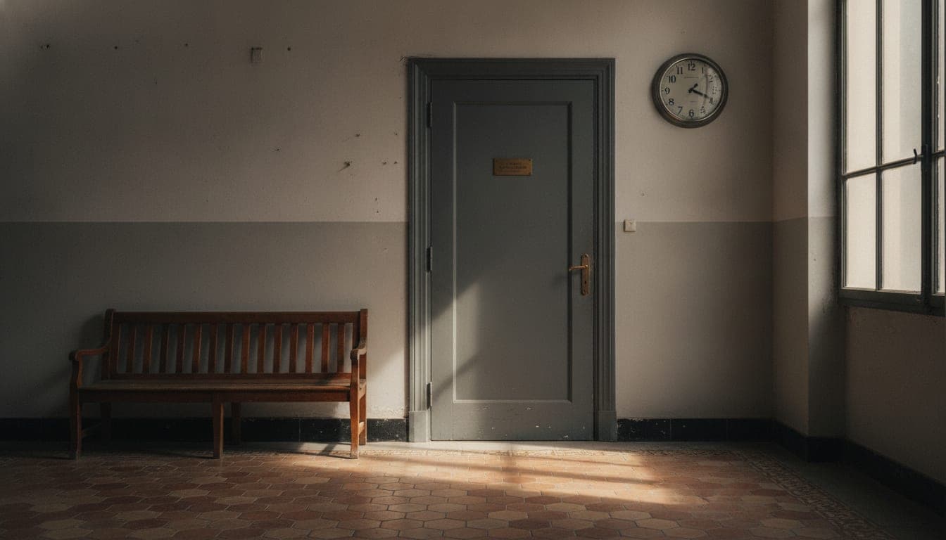 Puerta cerrada de una oficina administrativa con un banco vacío al lado y un reloj de pared, en un pasillo de edificio público.