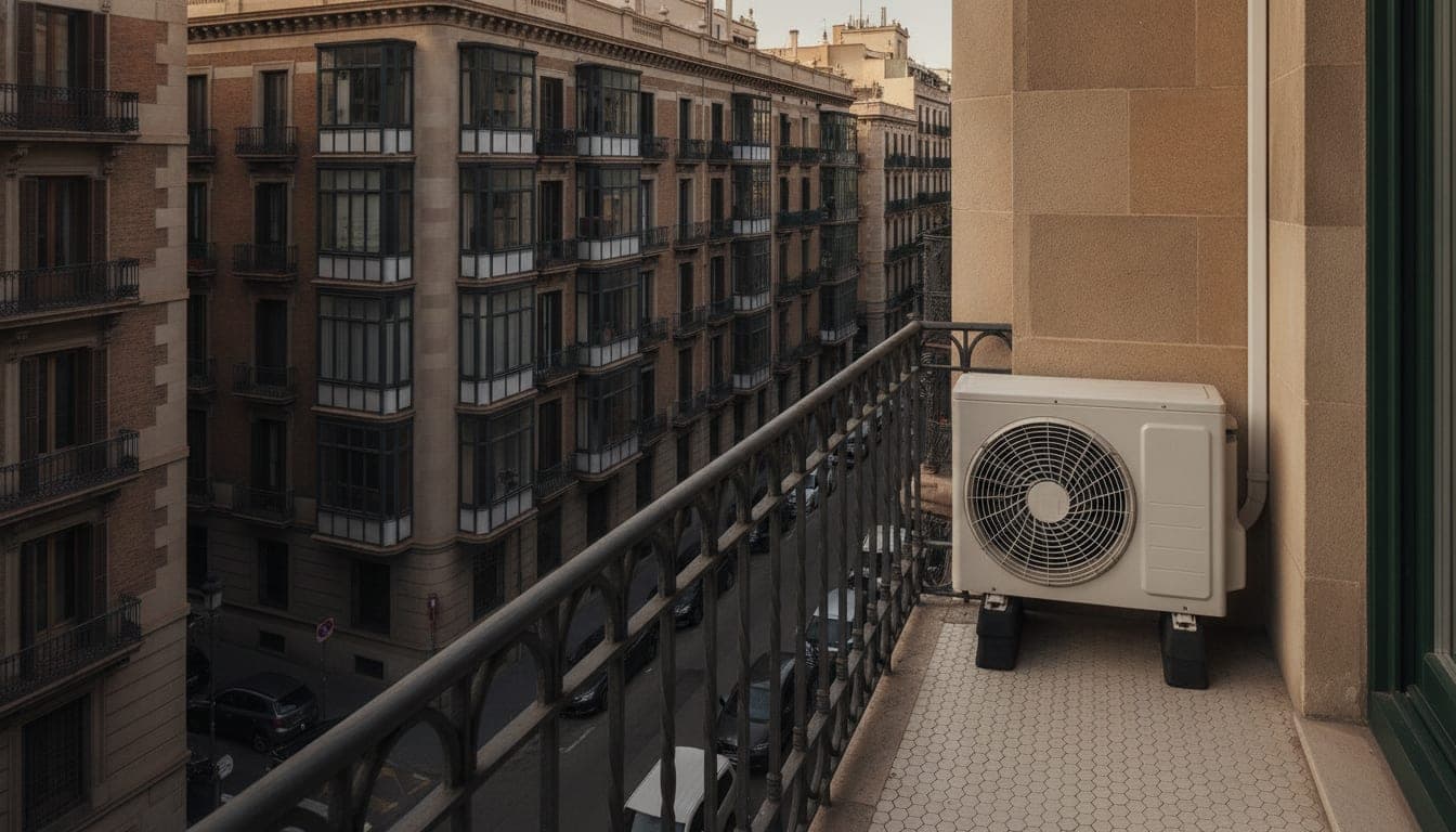 Unidad exterior de aerotermia instalada en el balcón de un edificio de pisos del Eixample de Barcelona, sin sobrepasar la barandilla